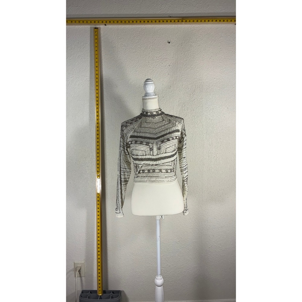 ASOS Womens Beaded Mesh Crop Top White Silver Sequin Mock Neck Long Sleeve US 4